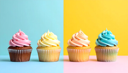 Assorted colorful cupcakes with pink, yellow, peach, and blue frosting arranged on a bright pastel split background.