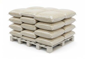 Pellet Bags Stacked on Wooden Pallet in Clear Plastic, White Background