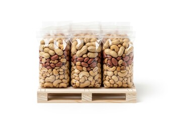 Assorted Nuts in Clear Bags Stacked on Wooden Pallet