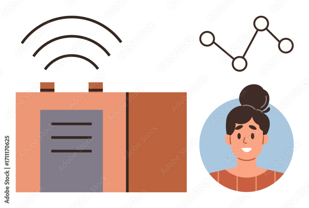 Poster wireless communication device with signal waves, user profile avatar, and growth graph. ideal for te