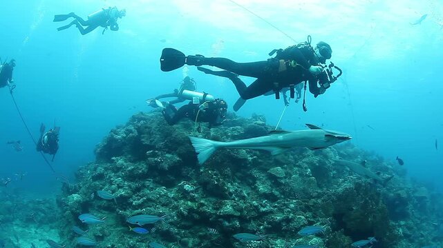 Explore the vibrant underwater ecosystem of Beqa Lagoon in Fiji. Witness divers feeding sharks in their natural habitat along the beautiful reef, an amazing South Pacific Ocean encounter.