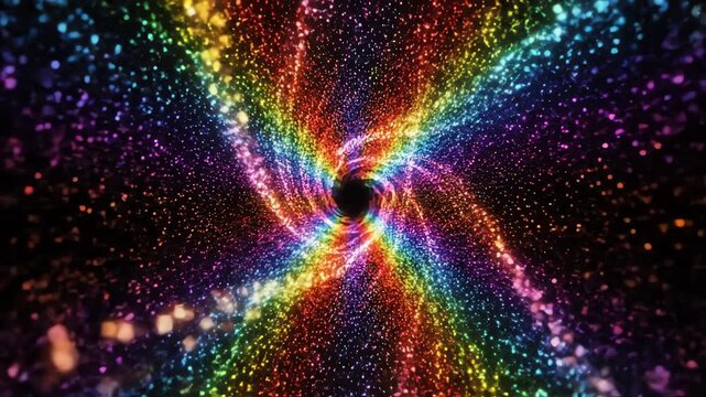 Glowing rainbow light trails form an endless tunnel of shimmering particles in this abstract seamless loop endless tunnel, futuristic, display