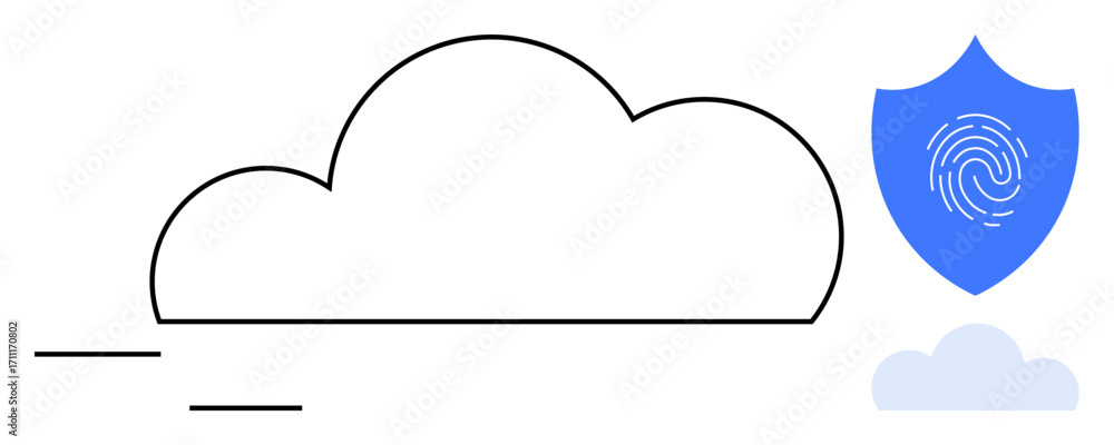 Poster cloud outline alongside a shield with fingerprint symbol representing digital data security. ideal f