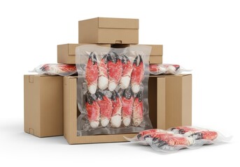 Crab Claws Packaged in Clear Plastic on Cardboard Boxes Stacked