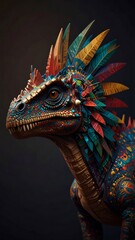 Obraz premium Vibrant chromatic reptilian figure decorated with feathers and embellishments