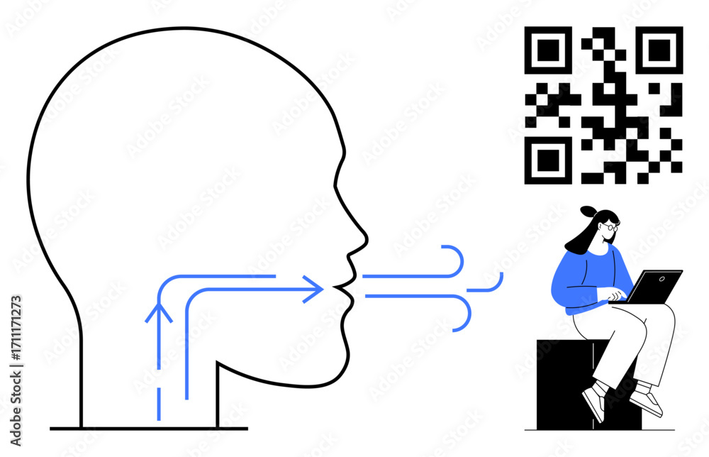 Poster human head outline with arrows marking airflow, qr code for scanning, seated person using a laptop. 