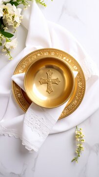 Elegant golden christian cross baptismal bowl on white marble backdrop