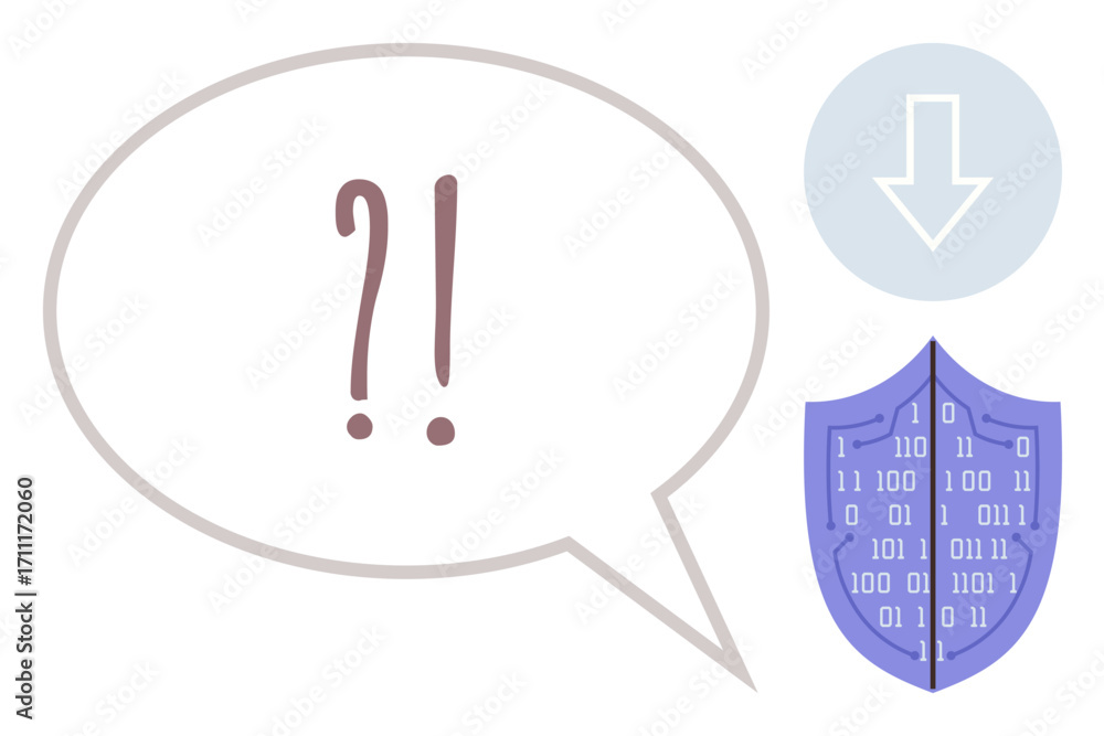 Poster speech bubble with punctuation, binary-coded shield, and arrow highlighting cybersecurity, data prot