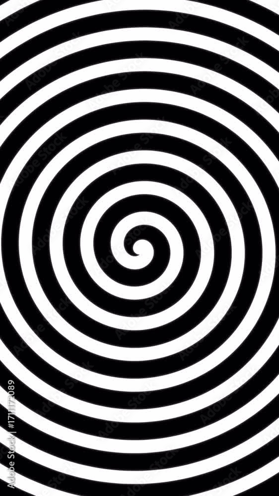 Poster Hypnotic black and white spiral rotating in a seamless loop. Abstract animation for visual effects, background, or overlay. Optical illusion concept with transparent background. Alpha channel.