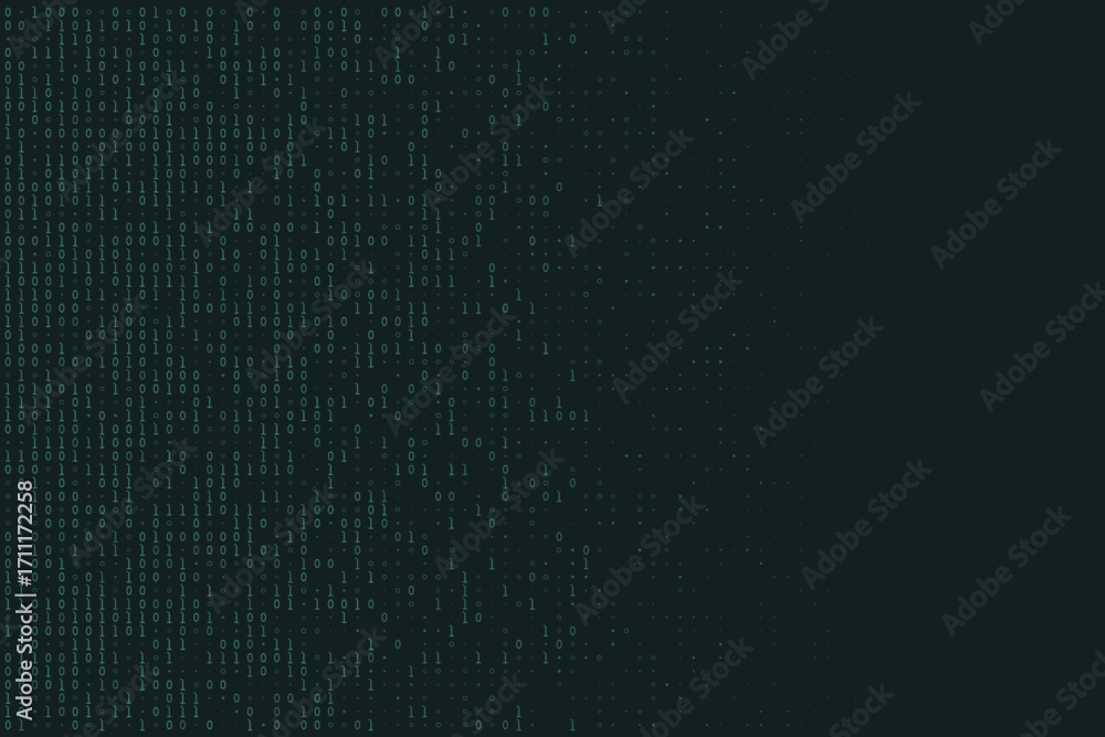 Poster abstract digital binary code background with zeros and ones fading into a dark green space, represen