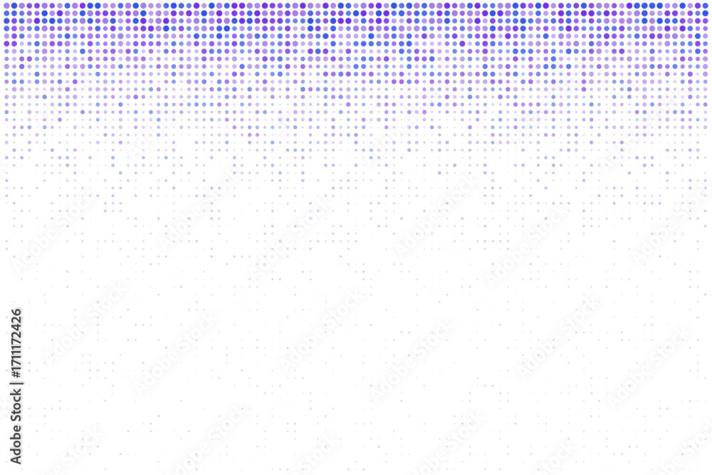 Poster abstract digital background with glowing purple and blue dots falling like pixel rain, creating a fu