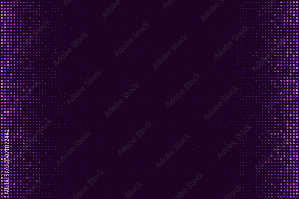 Poster abstract dark purple background with glowing pink and violet halftone dots on the sides, creating a 