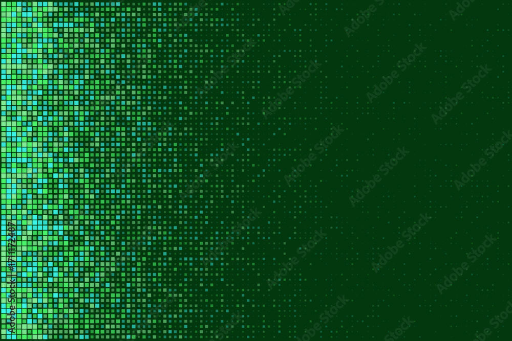 Poster abstract digital background with vibrant green pixel squares fading into a dark gradient, representi