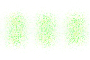 Vibrant green and yellow pixelated light display forming a dynamic sound wave visualization on a black backdrop, representing digital technology and audio concepts.