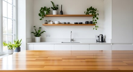 Maple butcher block countertop with blurred Scandinavian kitchen, bright lifestyle wood surface photography for airy stock design
