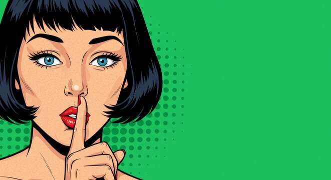 Retro illustration of a shushing woman conveying secrecy on vivid green