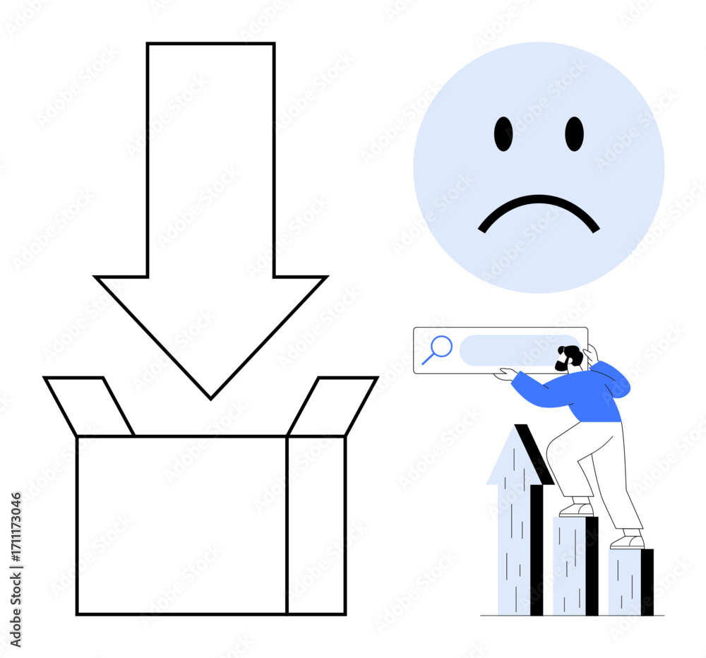 Poster sad face, man holding search bar while standing on upward arrows, large down arrow pointing to open 