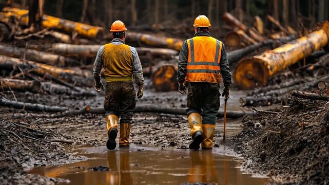 lumberjacks navigate a muddy forest clearing after logging, portraying the raw and demanding nature of manual labor in a deforested landscape