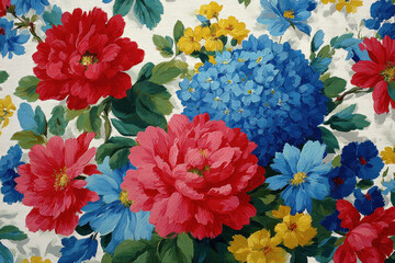 Bright floral bouquet with large red, pink, blue, and yellow blossoms and green leaves fills the frame, highlighting bold color contrast, texture, and painterly petals.