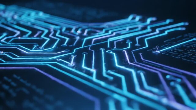 High-tech, seamlessly looping video depicting glowing aqua and violet light trails forming a digital circuit board pattern loopable, stream, futuristic