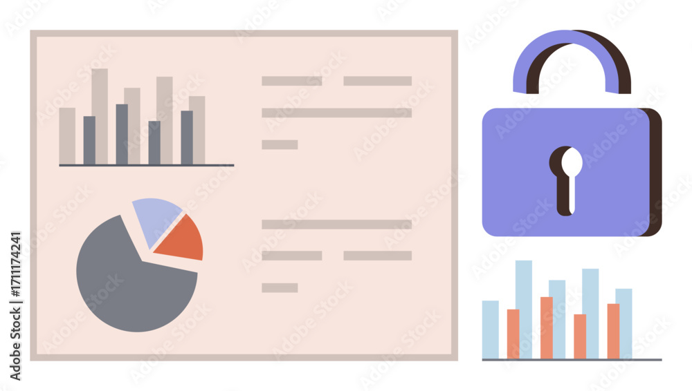 Poster chart visuals with bar and pie graphs beside a lock image, blending data visualization and privacy t