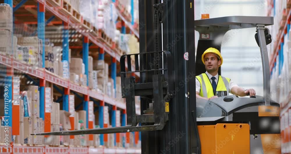 Poster digital overlay fading forklift driver guiding adjusting mast lifting pallet and reversing in depot