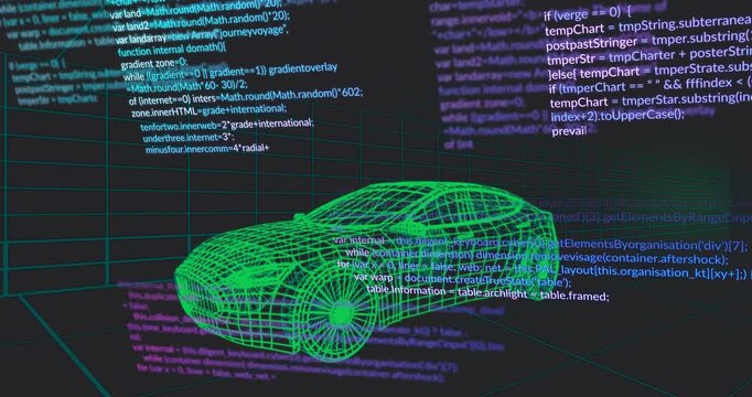 Code overlay appearing triggers scrolling panels updating around wireframe car in simulation