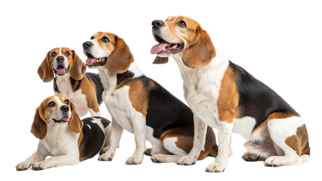 A group of four beagle dogs posing together with their tongues out in a studio setting on black background