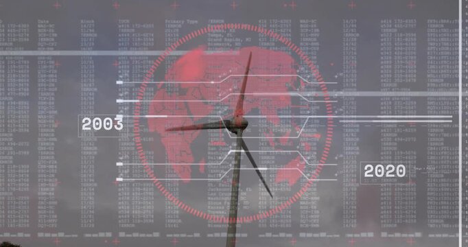 Digital globe appearing behind turbine starting lines highlighting map and labels updating timeline