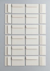 Arrangement of cream-colored square envelopes on a muted gray surface