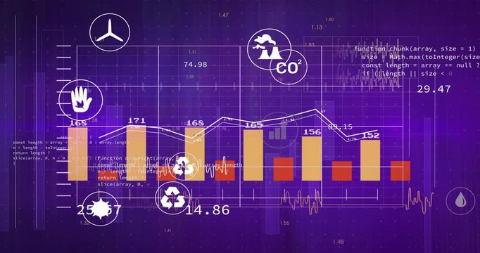 On loading purple grid backdrop animated eco chart showing sliding bars, icons tracking emissions