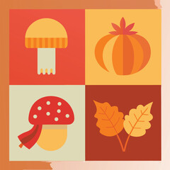 Fototapeta premium Fall Season Icons Mushroom Pumpkin Leaves autumn nature