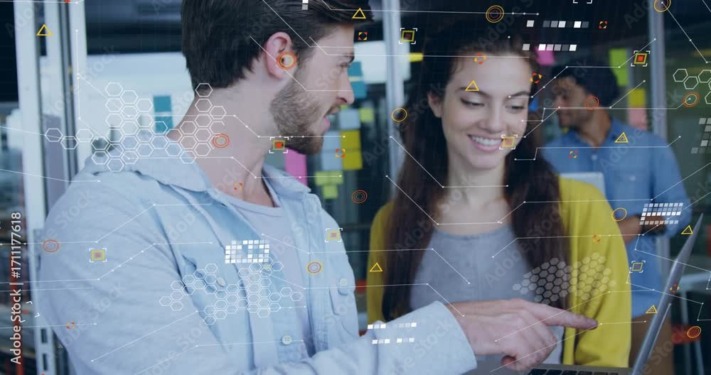 Poster business teammate scrolling laptop and pointing while explaining plan in teamwork by sticky notes