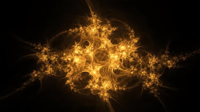 Intricate seamlessly looping video of glowing golden fractal patterns evolving and expanding, creating a complex and beautiful abstract design glow, connection, beautiful abstract design