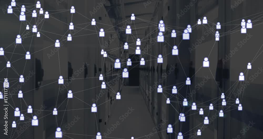 Poster aisle initiating user icons floating from edges and linking server racks, showing network growth