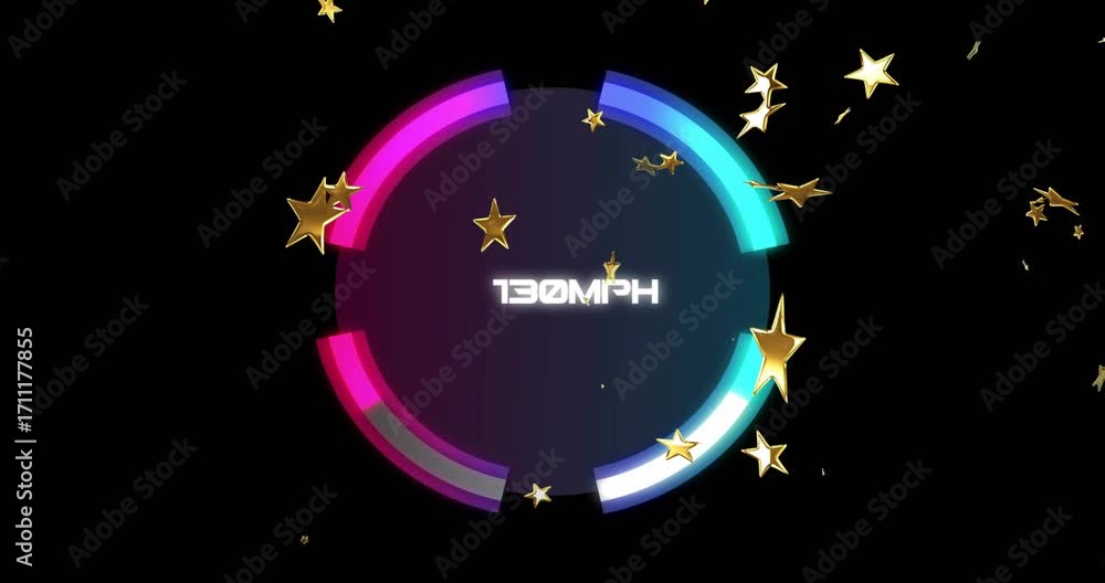 Poster gauge appearing, arcs adjusting, speed text flipping, stars drifting, showing dynamic speed changes