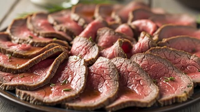Plate of thinly sliced rare roast beef with a brown outer crust garnished with green herbs
