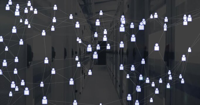 Aisle initiating user icons floating from edges and linking server racks, showing network growth