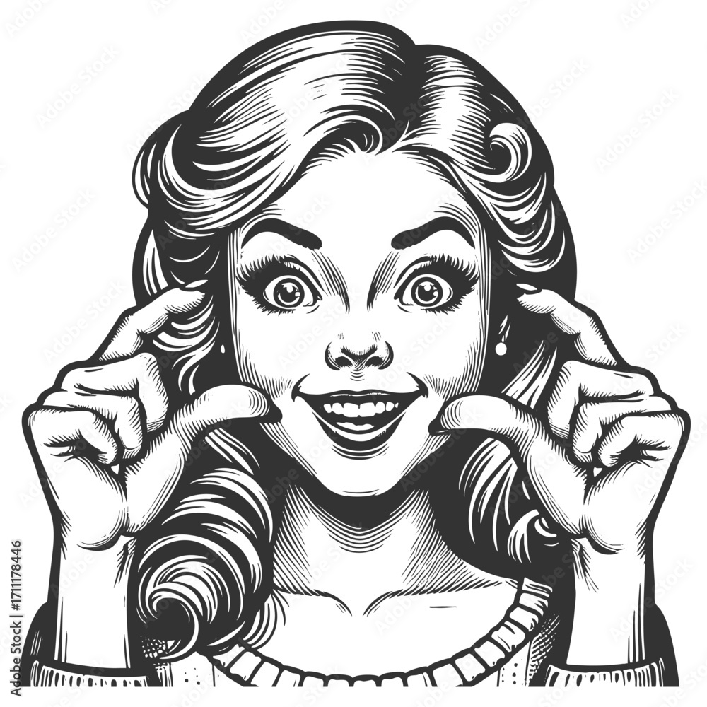 Poster smiling woman, holding her fingers close together as if showing something small sketch engraving gen
