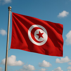 Tunisia’s red flag waves brightly under a clear blue sky with white clouds.