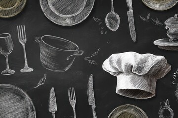 Artistic chalkboard illustration featuring kitchen utensils, a chef's hat, and dining elements