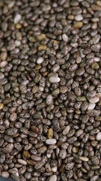 Vertical video chia seeds rotating background macro. Seed of chia or Salvia hispanica, mint family, hygroscopic. Healthy nutrition, dieting concepts, tasty and healthy food.