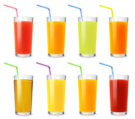 Collection of different juices. Set of juices isolated on transparent background.