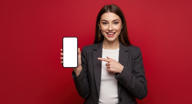 Excited businesswoman presenting mobile app promotion with blank screen for advertising mockup on red background demonstrating product or service