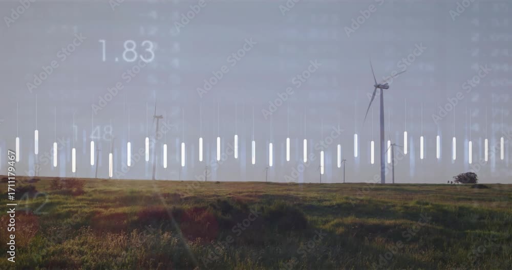 Poster data overlay appearing at start, shifting bars tracing wind output, showing energy variations