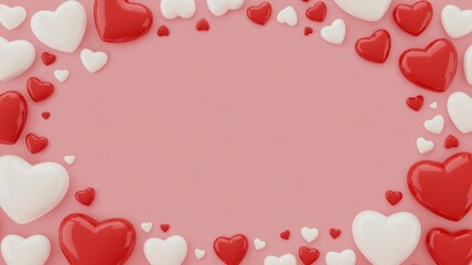 Romantic valentines day background with red and white heart candies forming a frame for love and affection isolated on white background