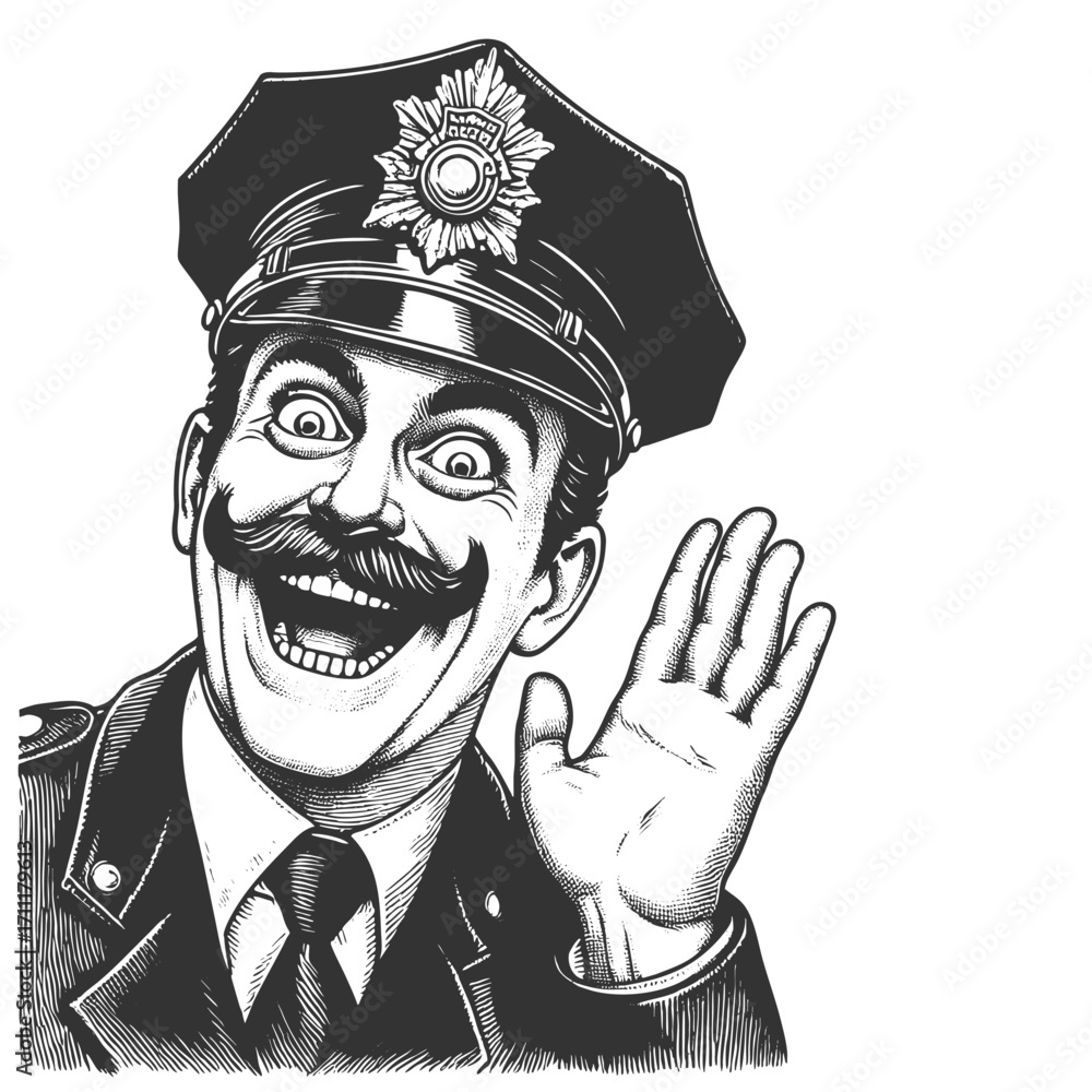Poster smiling policeman with mustache, uniform hat, raised hand in an exaggerated cheerful expression sket
