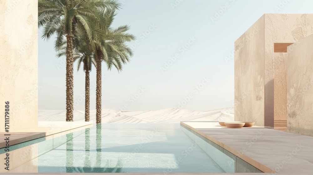 Aufkleber a minimalist depiction of a desert oasis with simple geometric shapes forming palm trees and a tranq