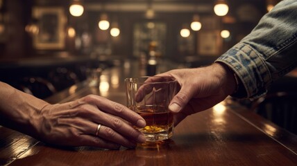 A man and woman sharing a drink at a bar, symbolizing connection, intimacy, and shared experiences in a warm, inviting atmosphere