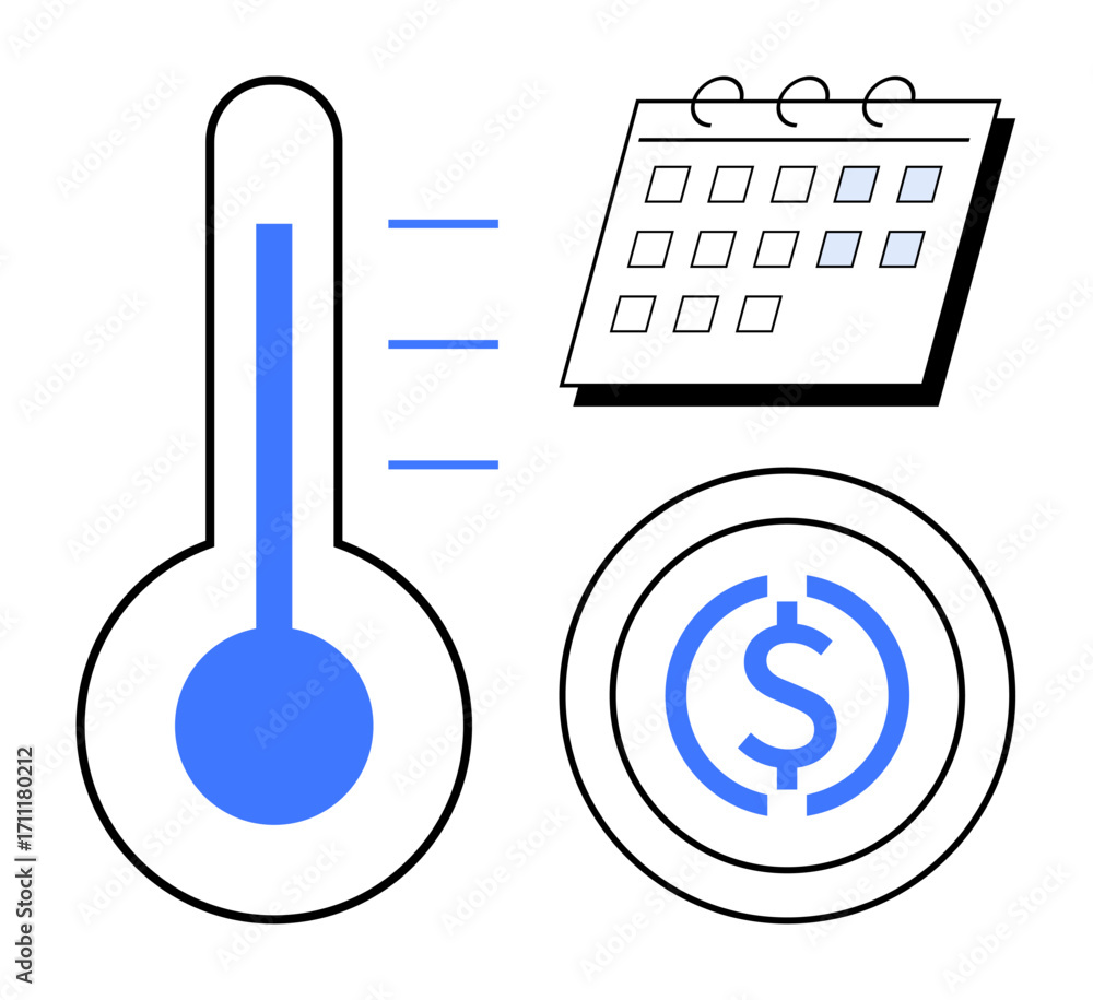 Poster thermometer showing progress, calendar with marked dates, and dollar coin representing financial goa